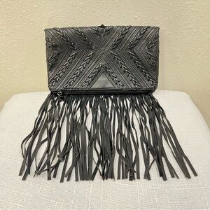 BCBG GENERATION Black Leather Fringe Clutch Bag Magnetic Snap Closure Zipper EUC